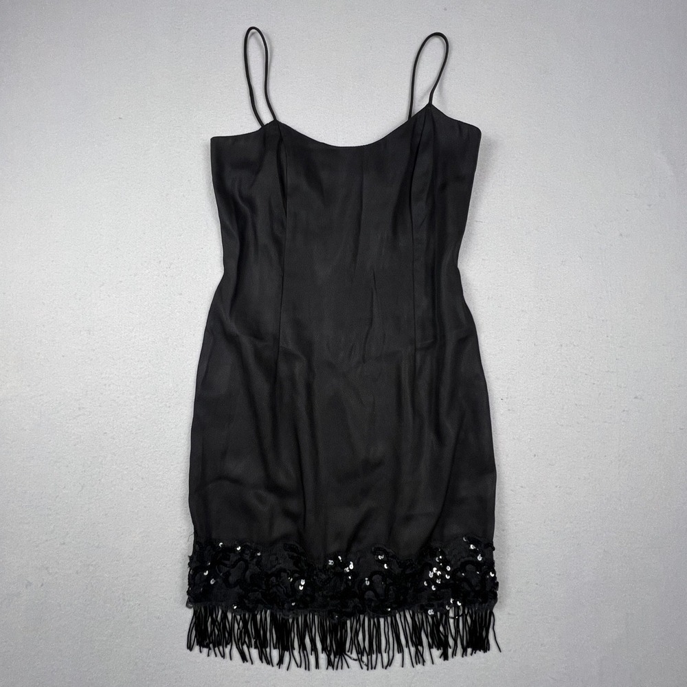 VTG 90s Roberta Mini Dress Small Black Sequin Fringe Lace Spaghetti Strap Party